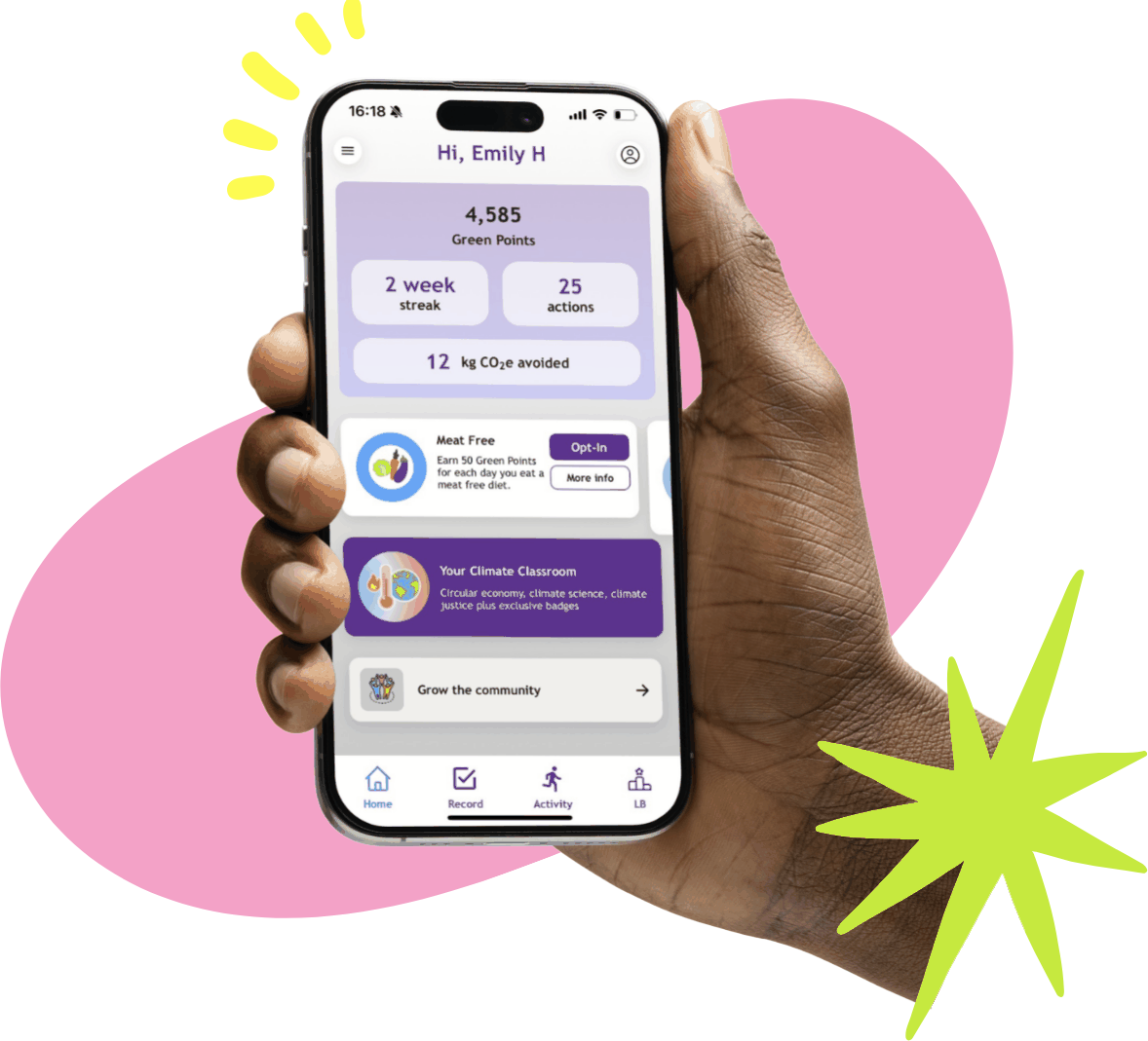 A hand holding a phone showing the Climate Action Challenge app home screen, with 4,585 Green Points, a 2-week streak and 25 actions completed