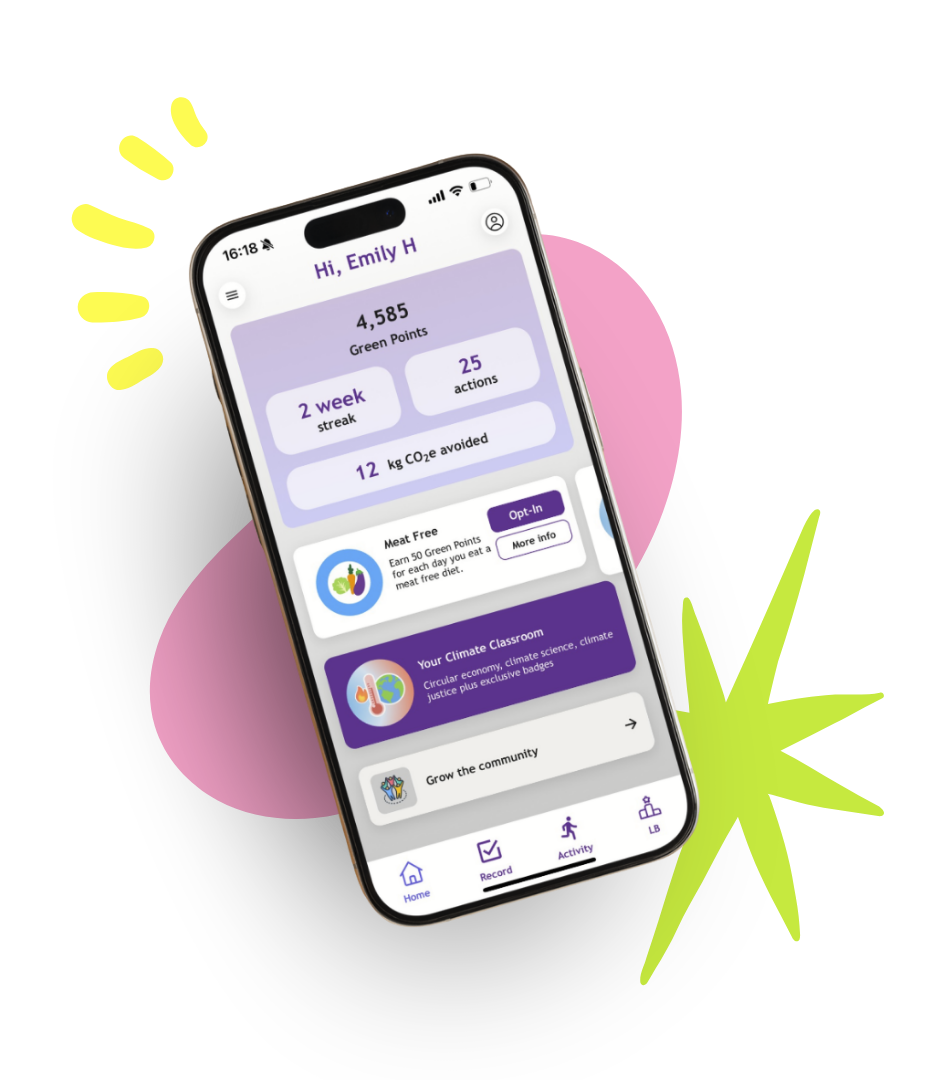 A hand holding a phone showing the Climate Action Challenge app home screen